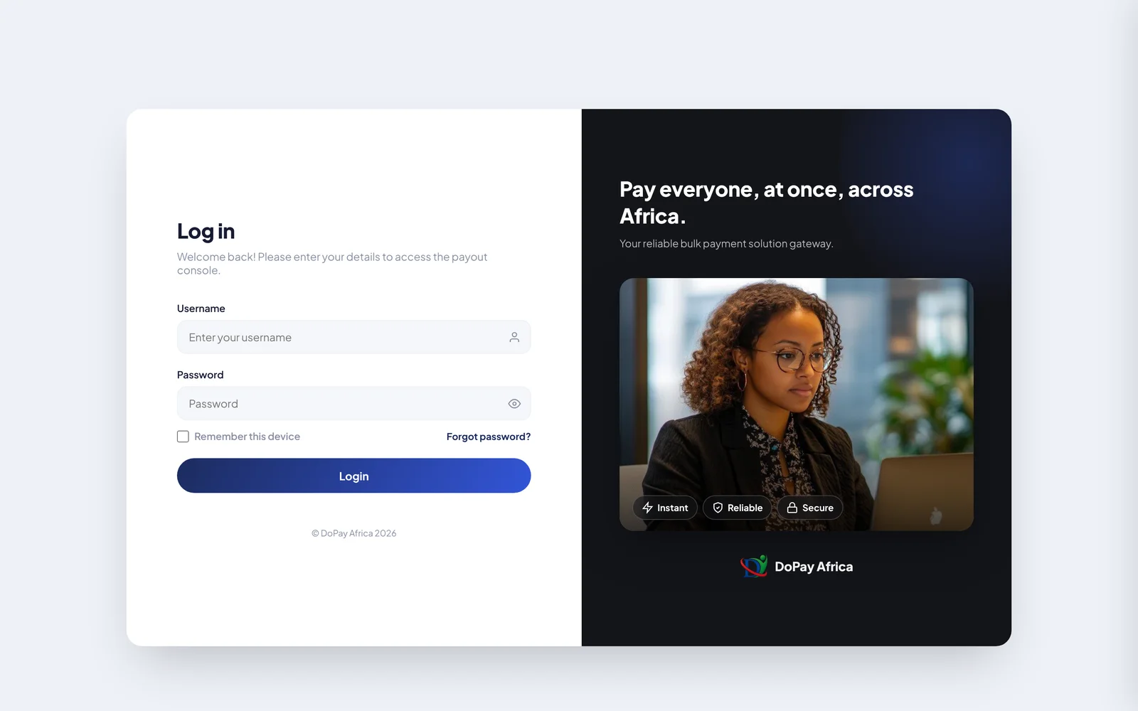 DoPay Africa login screen on a laptop