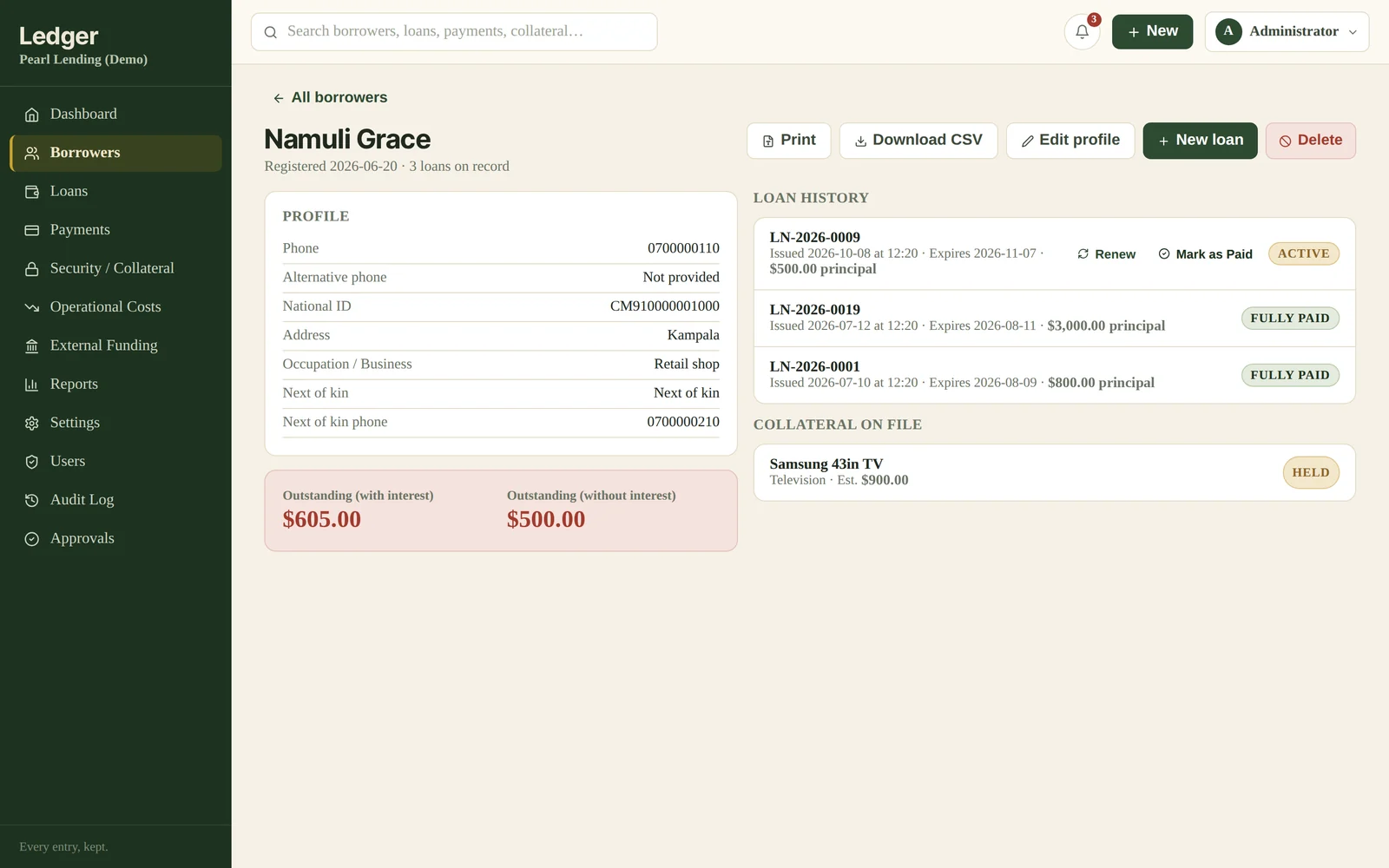 A borrower profile with loan history and collateral on a laptop