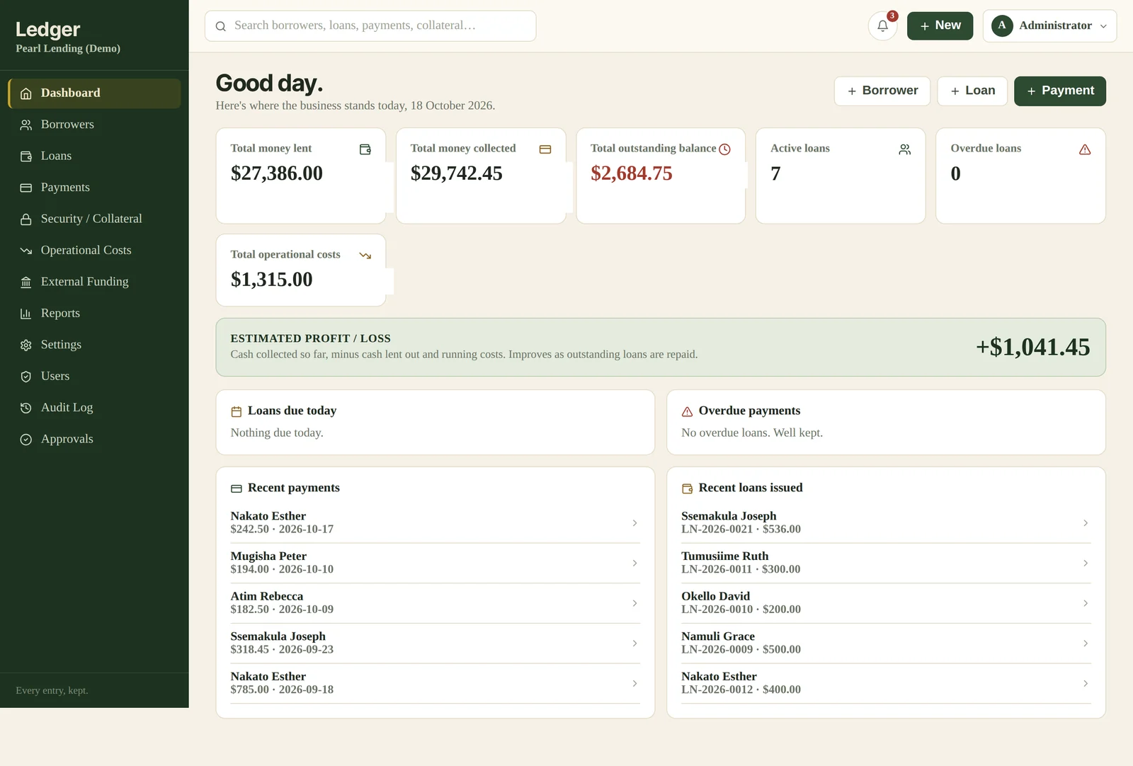 Ledger lending dashboard on a laptop