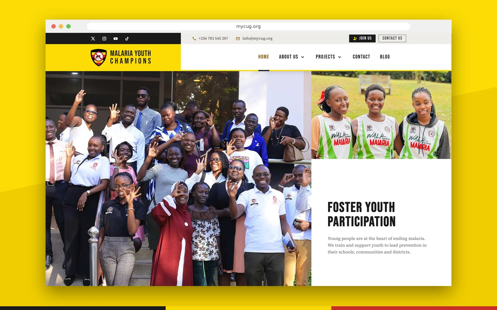 Malaria Youth Champions Uganda home page in a browser