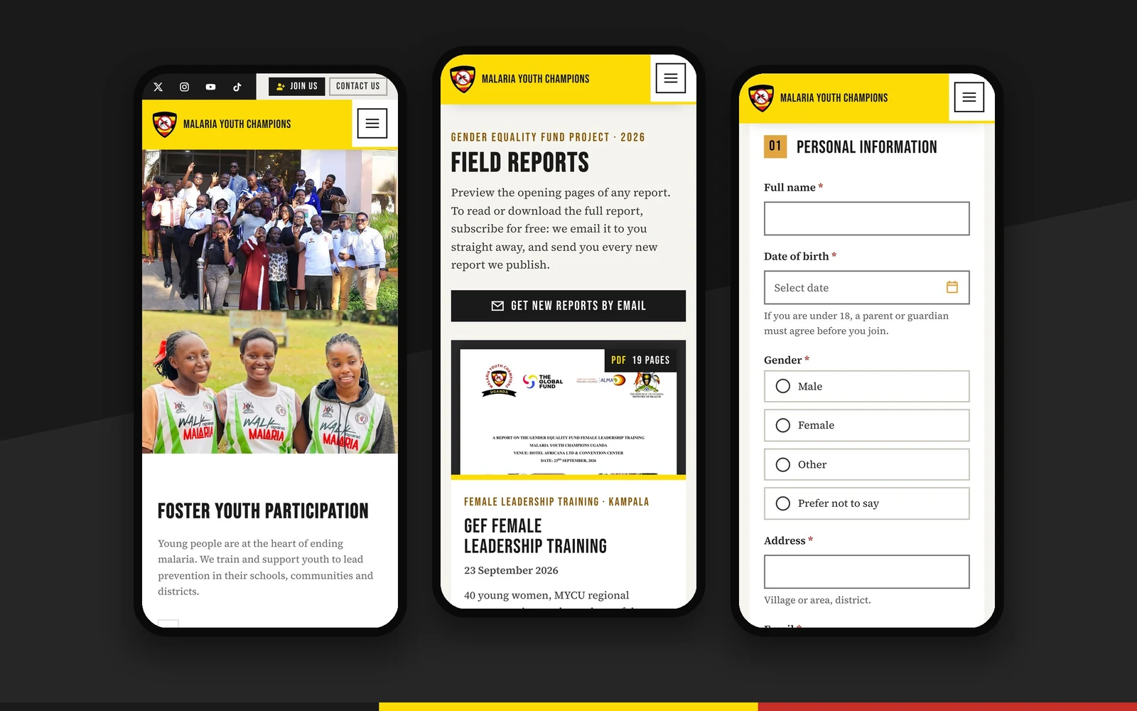 Malaria Youth Champions Uganda site on three phones