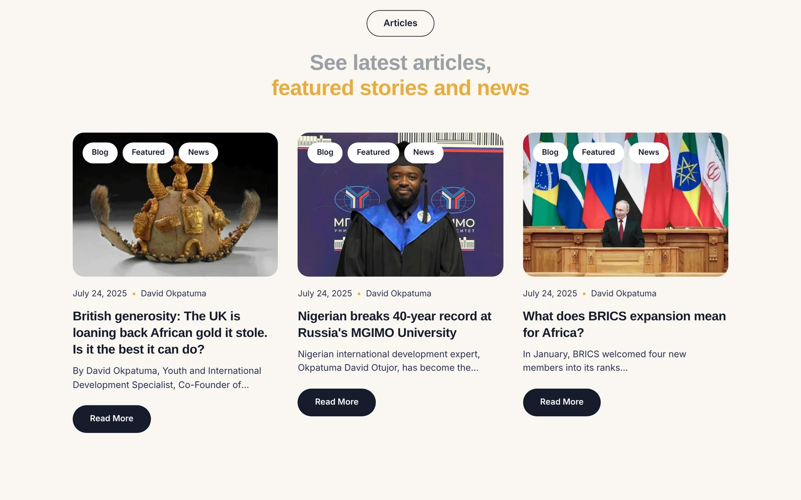 Articles section on a laptop